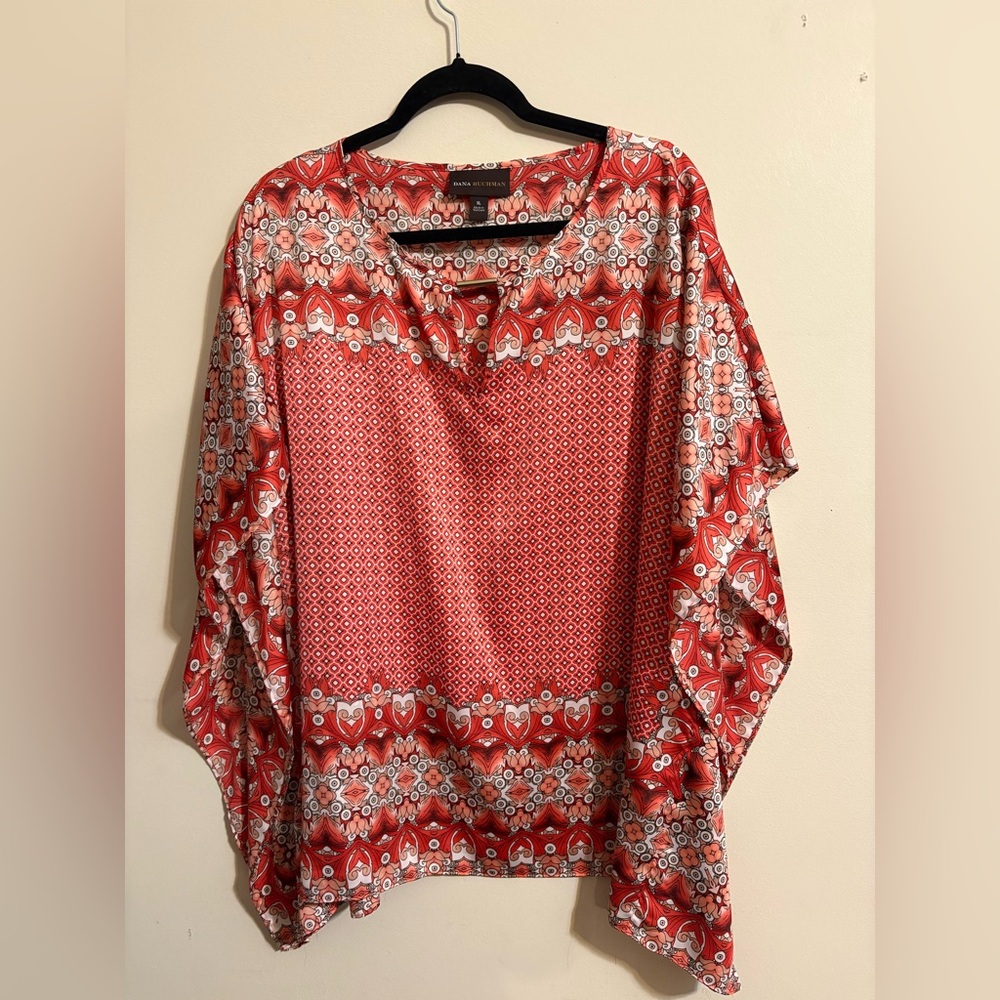 Dana Buchman Women’s XL blouse red bohemian kimono batwing sleeves keyhole neck
